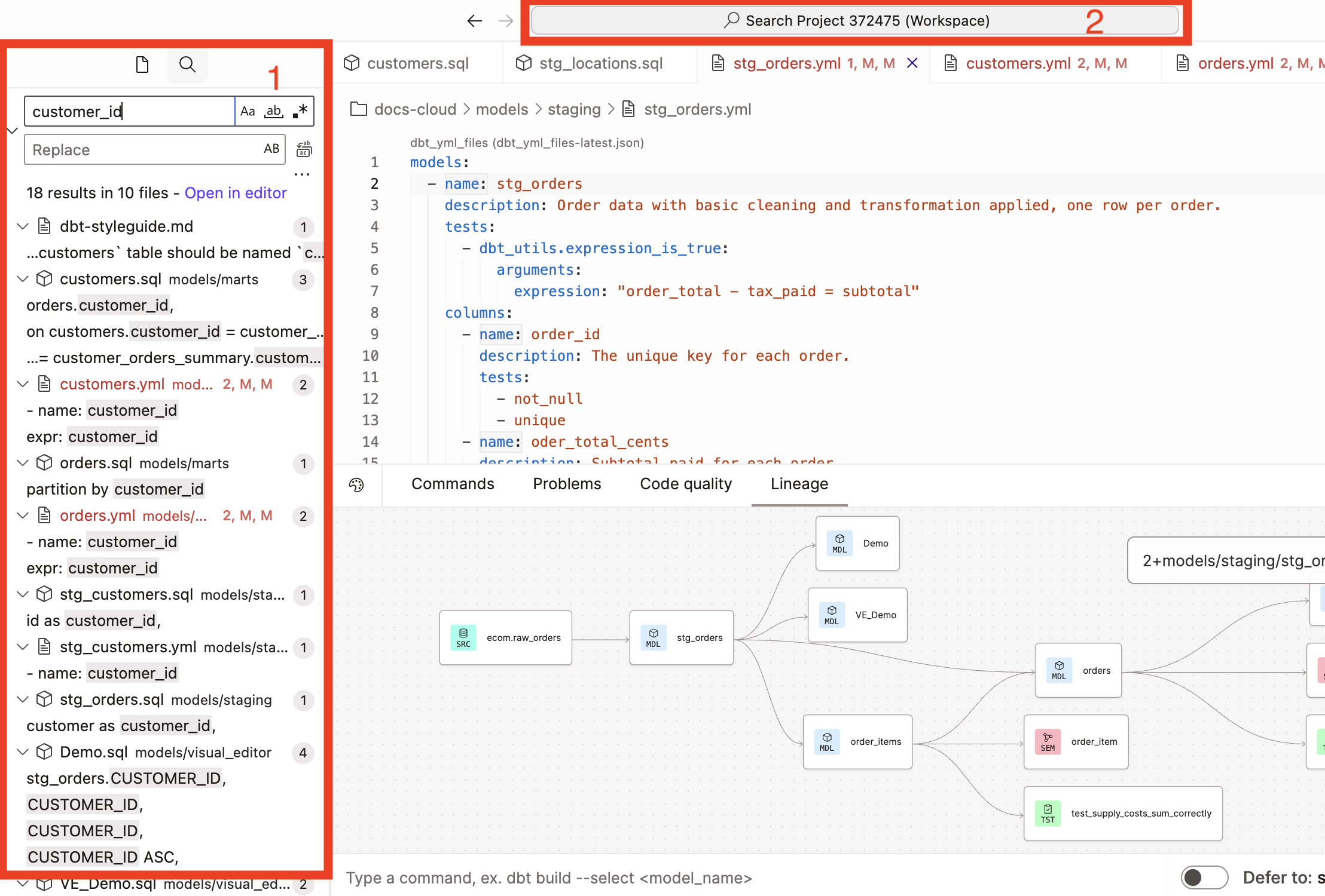 Use the search bar and command palette to quickly navigate your file tree and open tabs. Use the search bar and command palette to quickly navigate your file tree and open tabs.