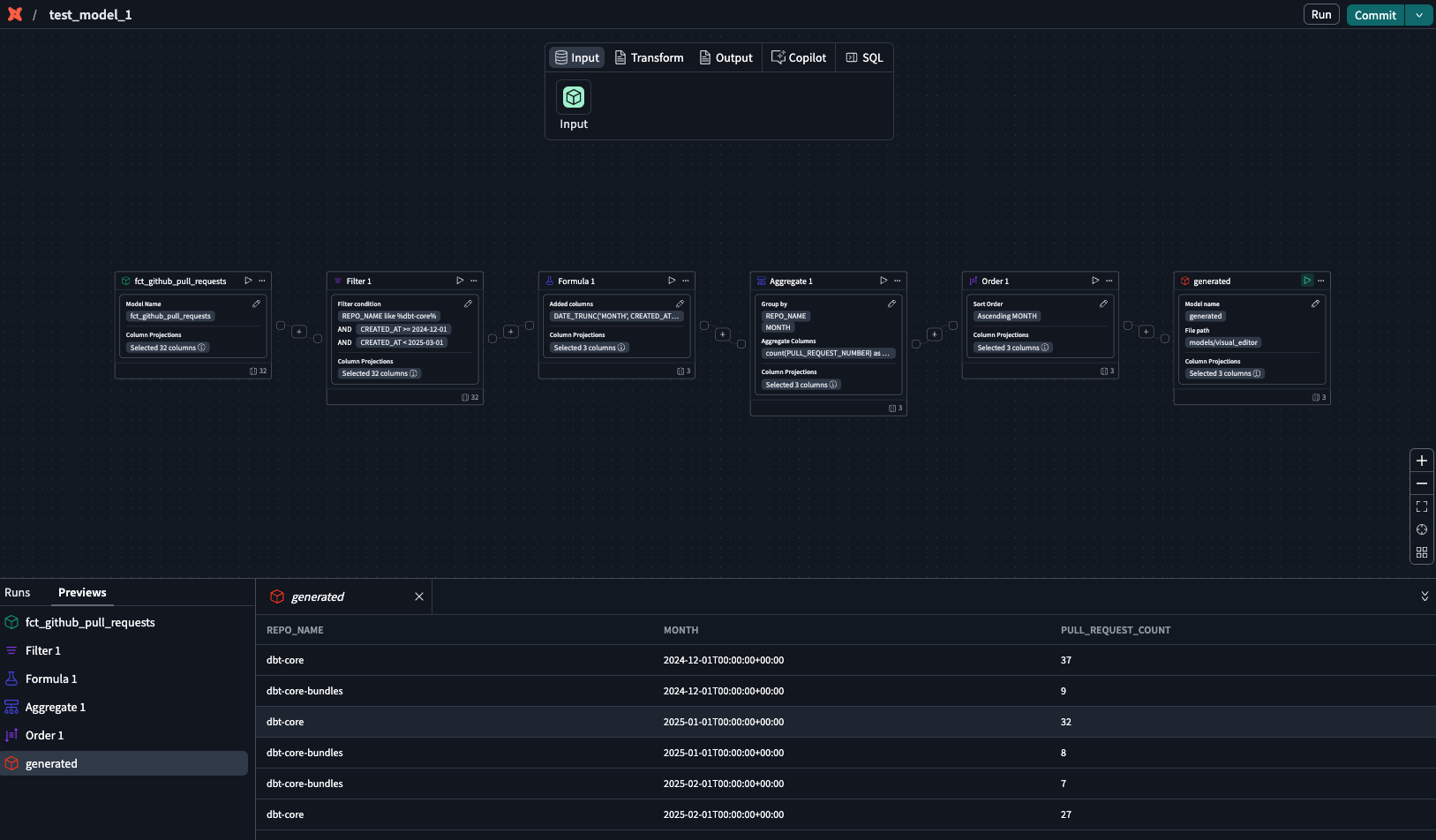 Use the generated operator with play icon to preview the data